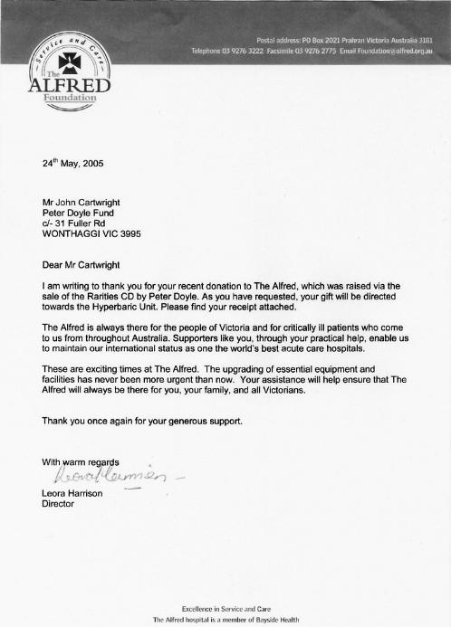 letter from the Alfred Hospital acknowledging receipt of donation from the sales of Peter's CD
